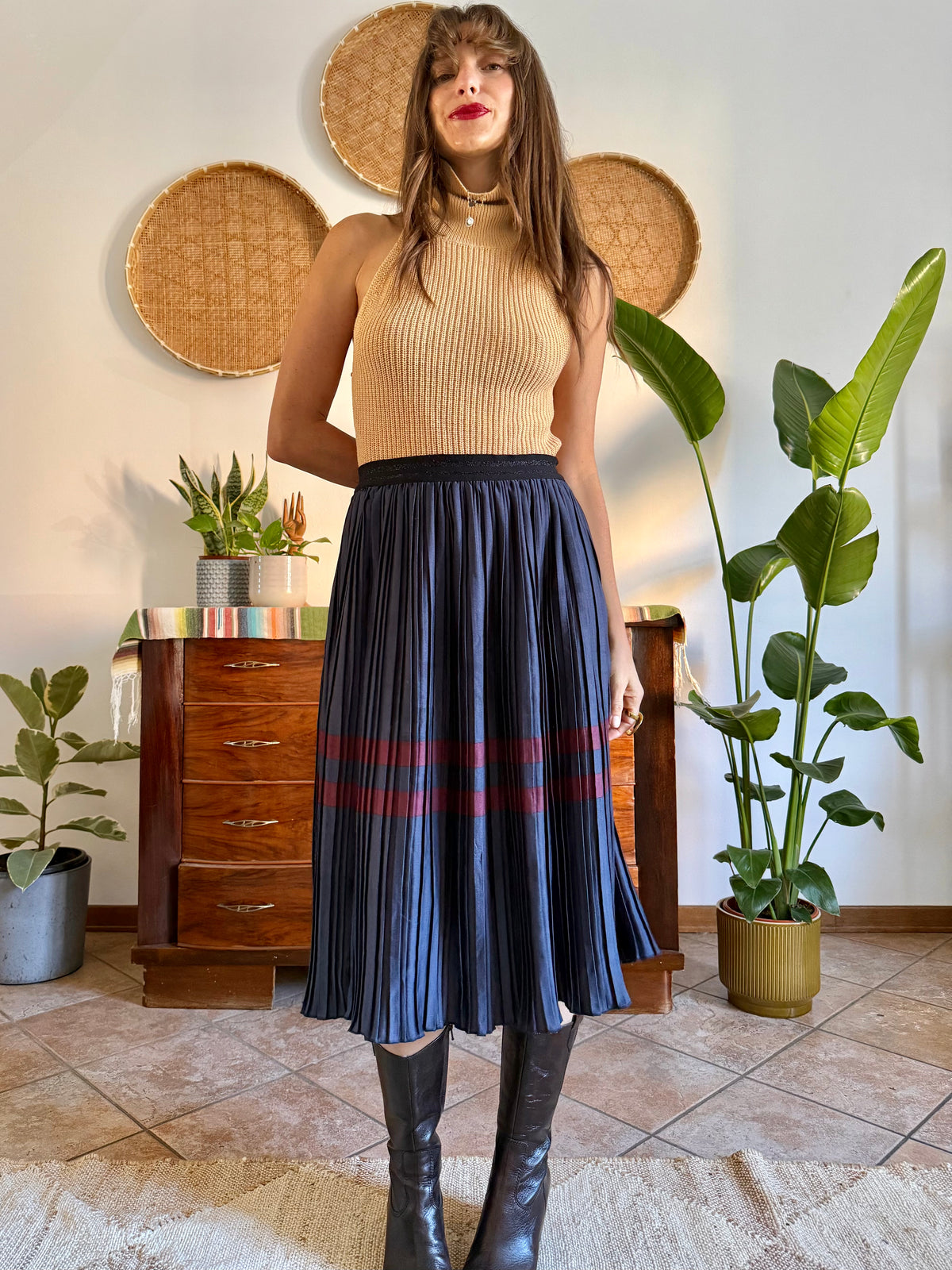 Navy and burgundy satin pleated midi skirt