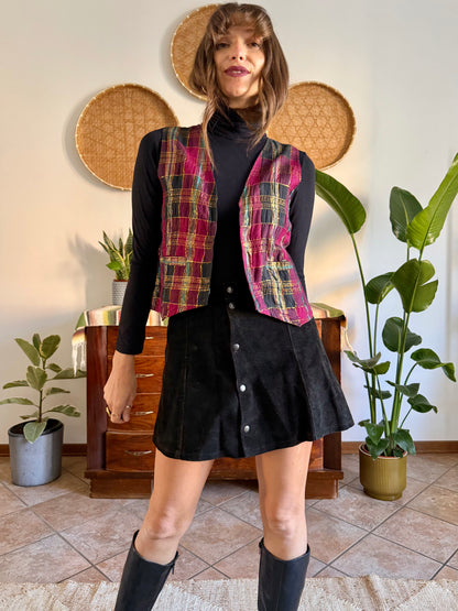 1970’s vintage fuchsia, black and gold plaid vest
