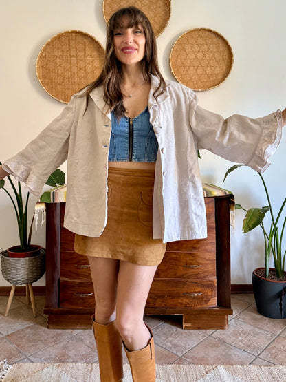 1990's vintage beige floral linen jacket with ruffle embroidered bell sleeves