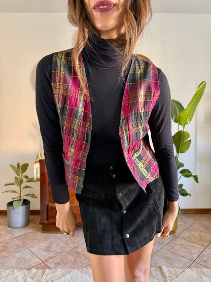 1970’s vintage fuchsia, black and gold plaid vest