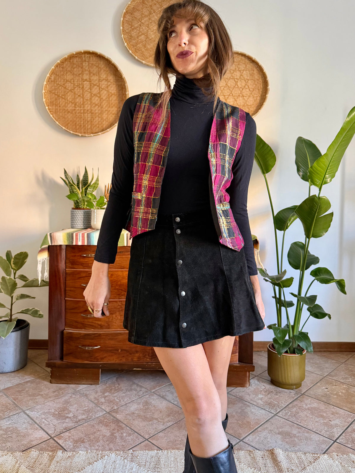 1970’s vintage fuchsia, black and gold plaid vest