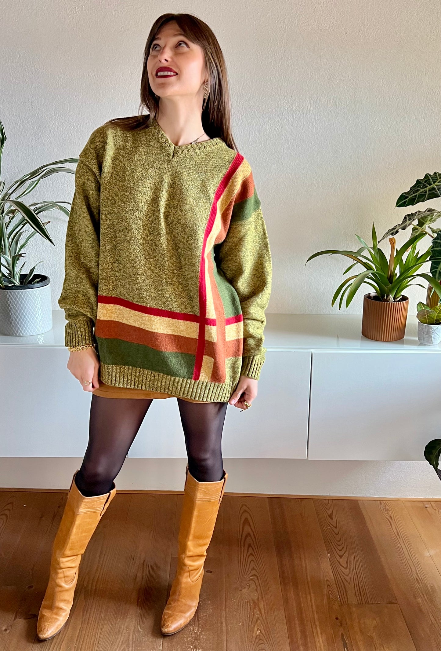 1970's vintage green, tan and red plaid knit pullover