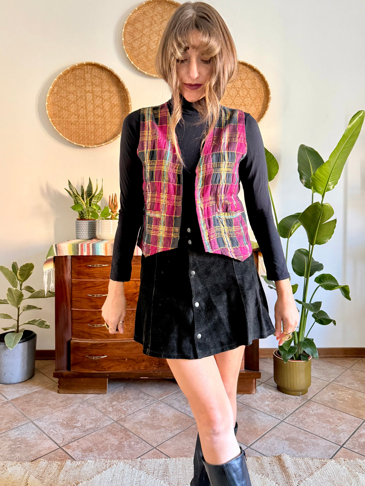 1970’s vintage fuchsia, black and gold plaid vest