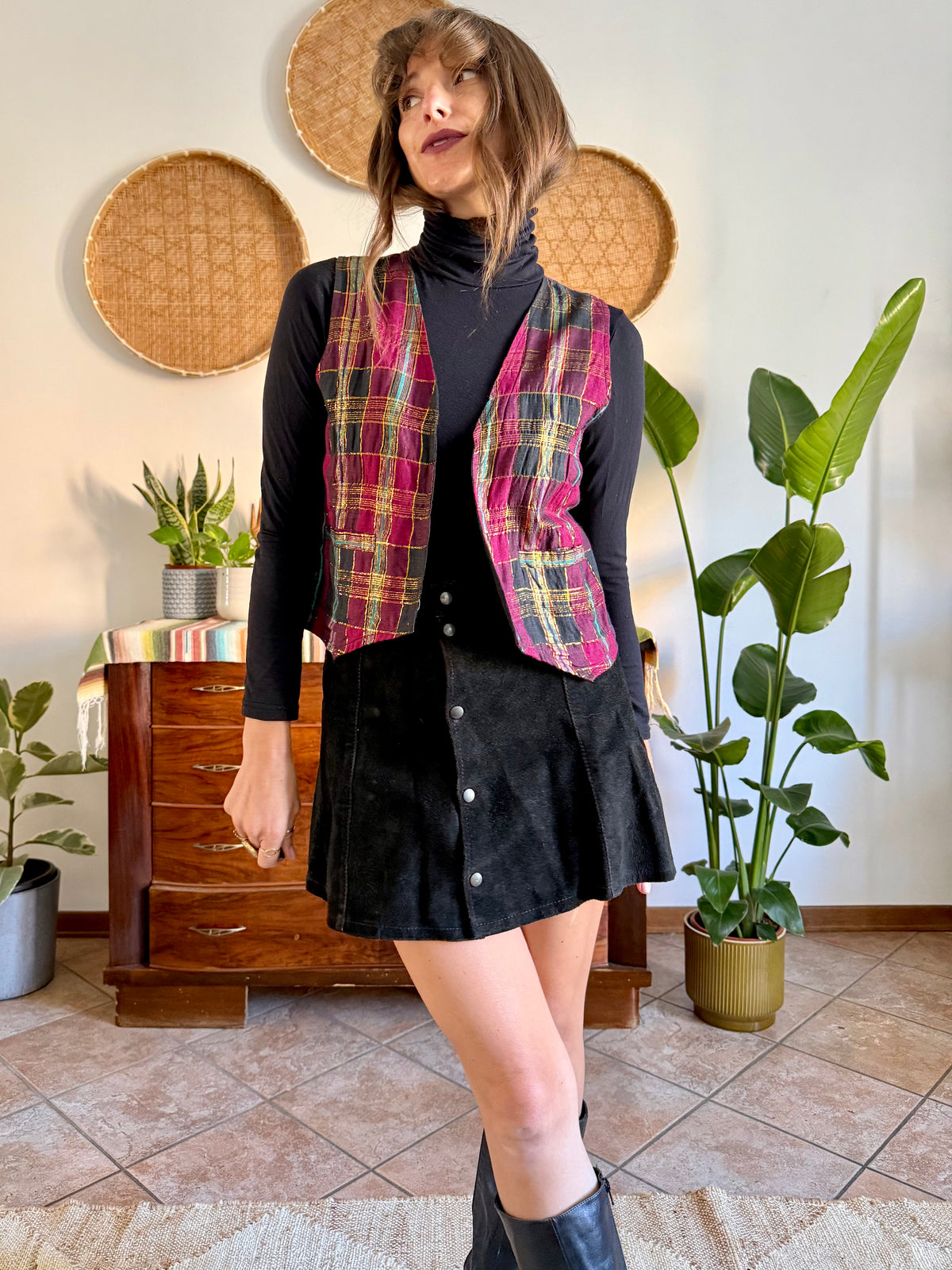 1970’s vintage fuchsia, black and gold plaid vest