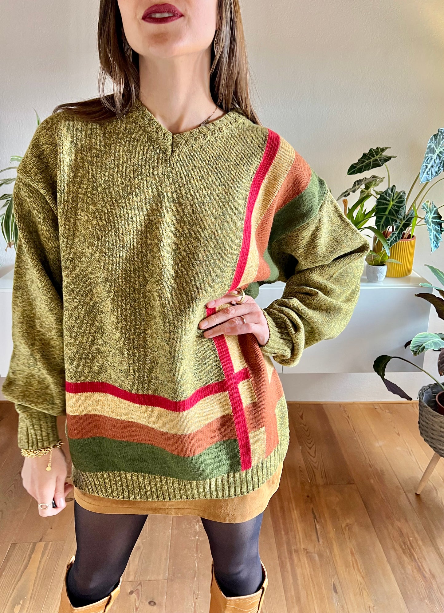 1970's vintage green, tan and red plaid knit pullover