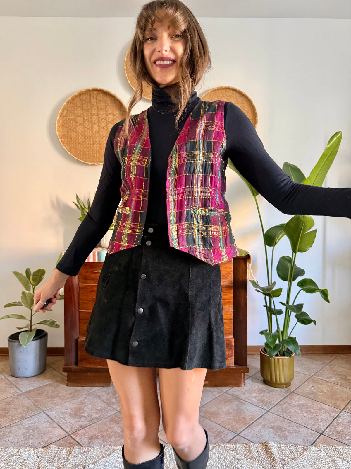 1970’s vintage fuchsia, black and gold plaid vest