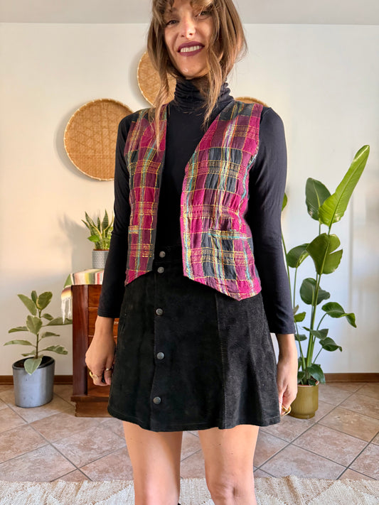 1970’s vintage fuchsia, black and gold plaid vest