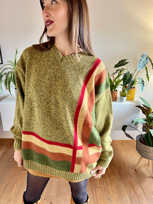 1970's vintage green, tan and red plaid knit pullover