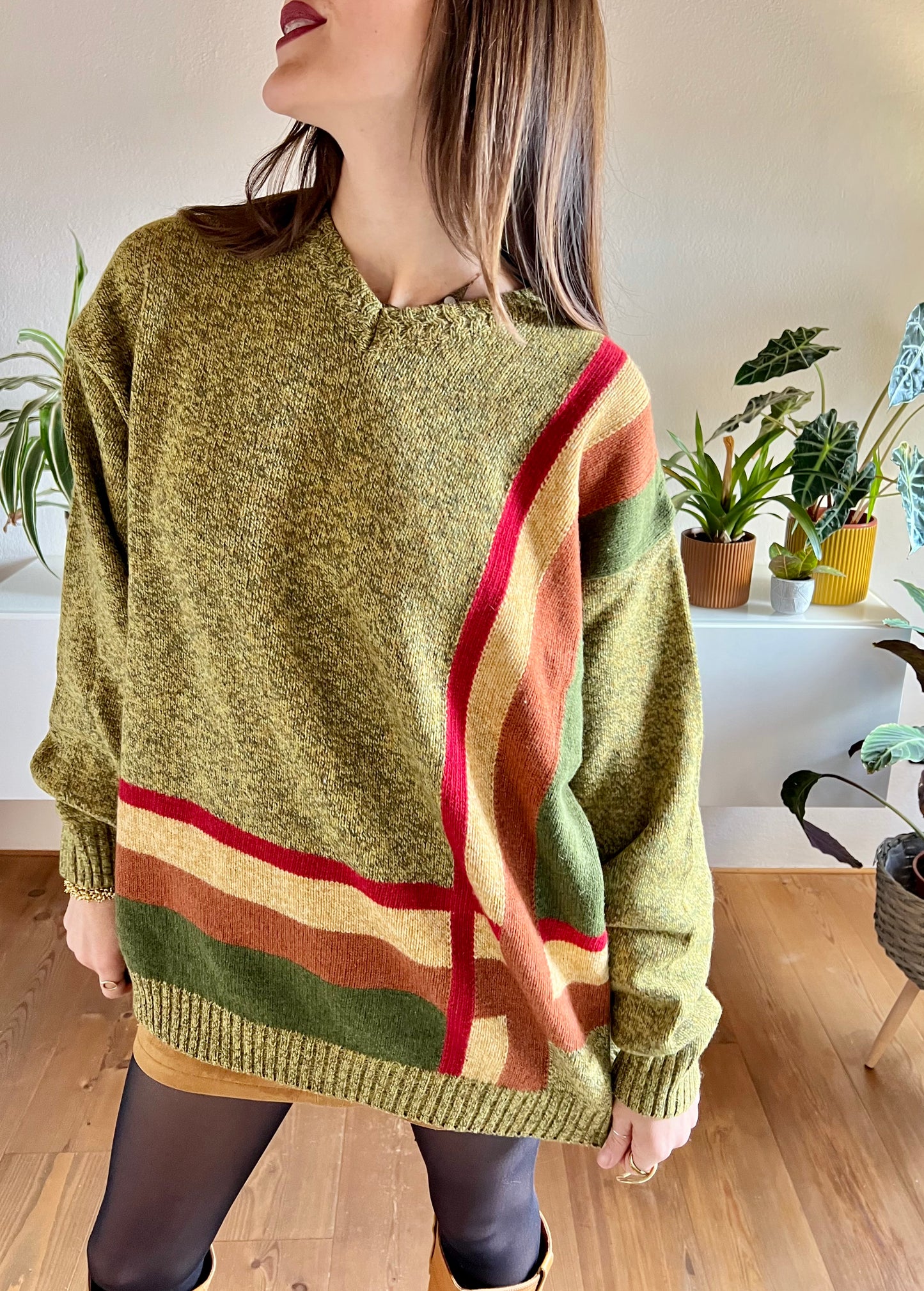 1970's vintage green, tan and red plaid knit pullover