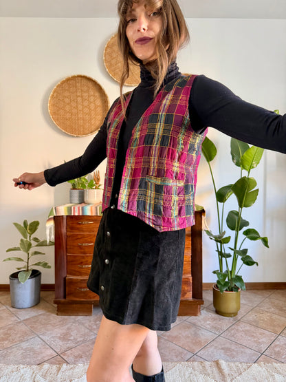 1970’s vintage fuchsia, black and gold plaid vest