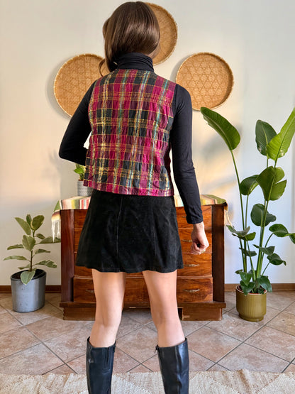 1970’s vintage fuchsia, black and gold plaid vest