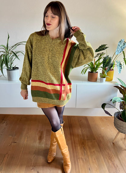 1970's vintage green, tan and red plaid knit pullover