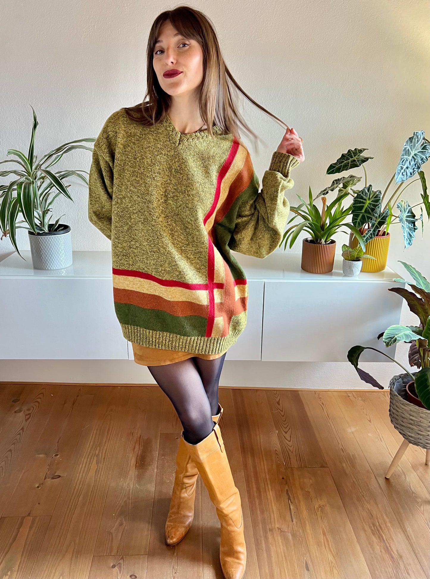 1970's vintage green, tan and red plaid knit pullover