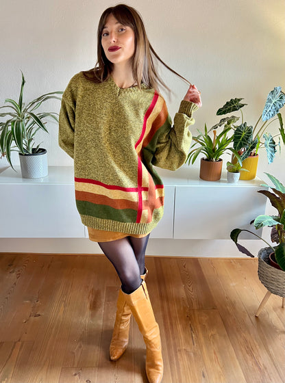 1970's vintage green, tan and red plaid knit pullover