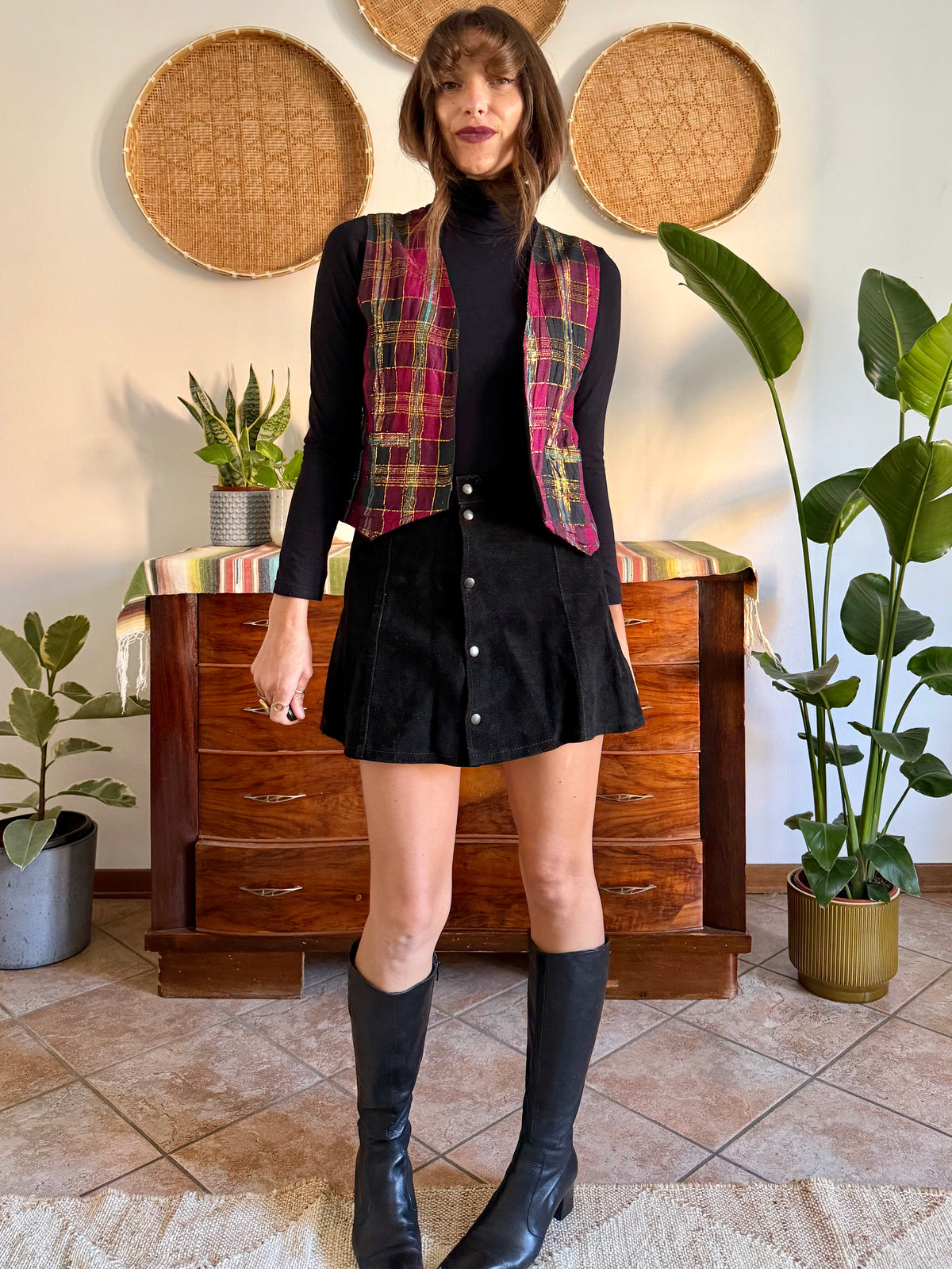 1970’s vintage fuchsia, black and gold plaid vest