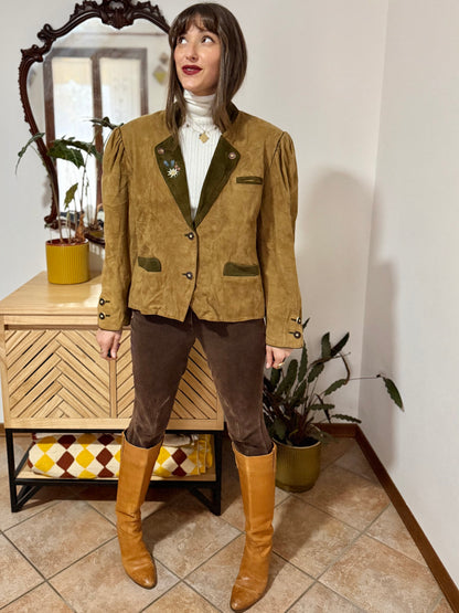 1970's vintage khaki and military green suede trachten jacket with floral embroidery