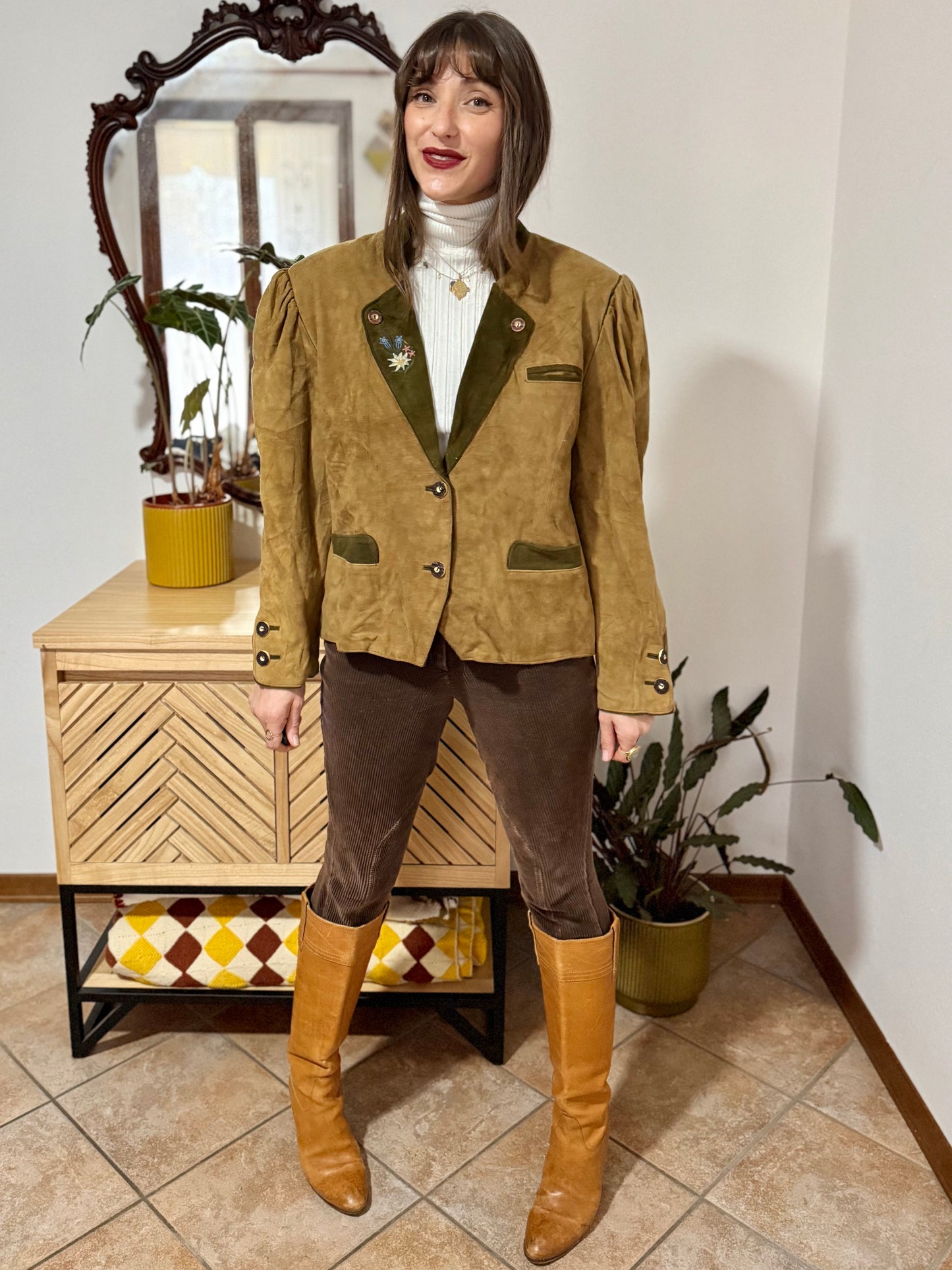 1970's vintage khaki and military green suede trachten jacket with floral embroidery