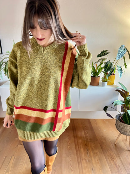 1970's vintage green, tan and red plaid knit pullover