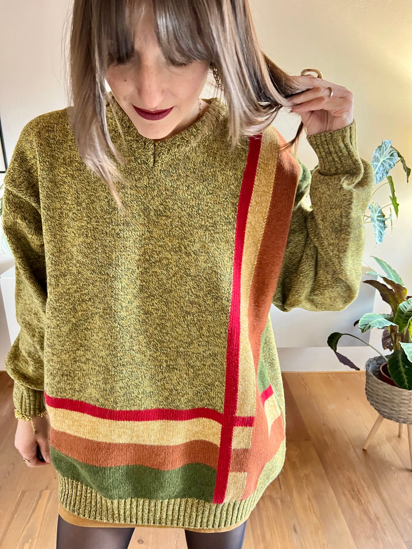 1970's vintage green, tan and red plaid knit pullover