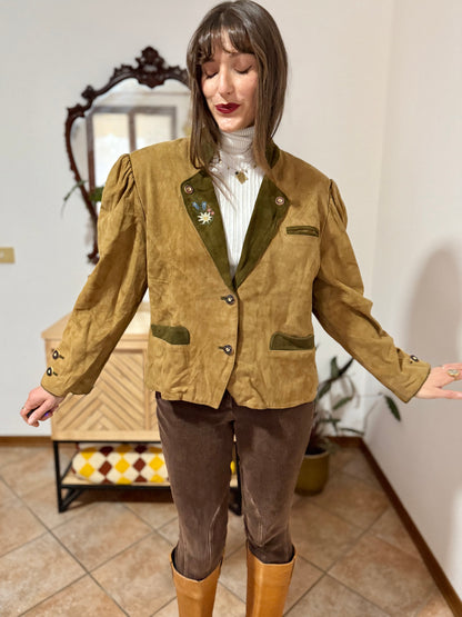 1970's vintage khaki and military green suede trachten jacket with floral embroidery