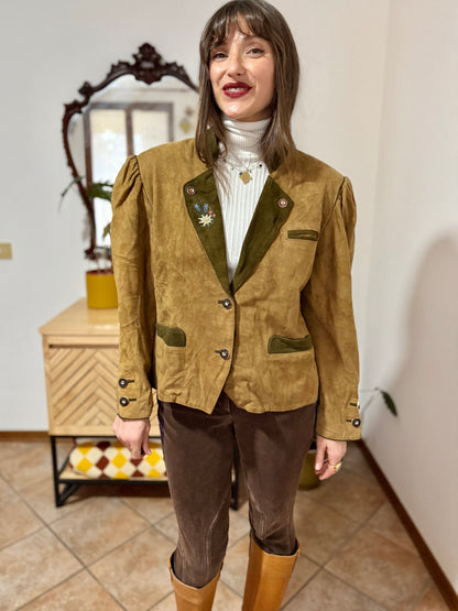 1970's vintage khaki and military green suede trachten jacket with floral embroidery