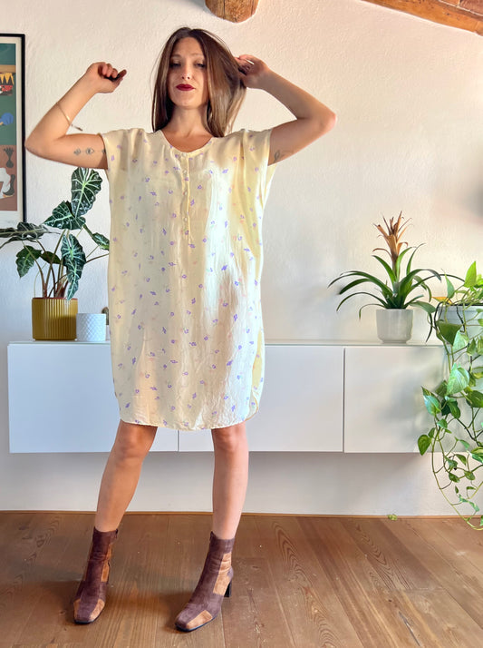 1970's vintage semi sheer silk yellow floral dress