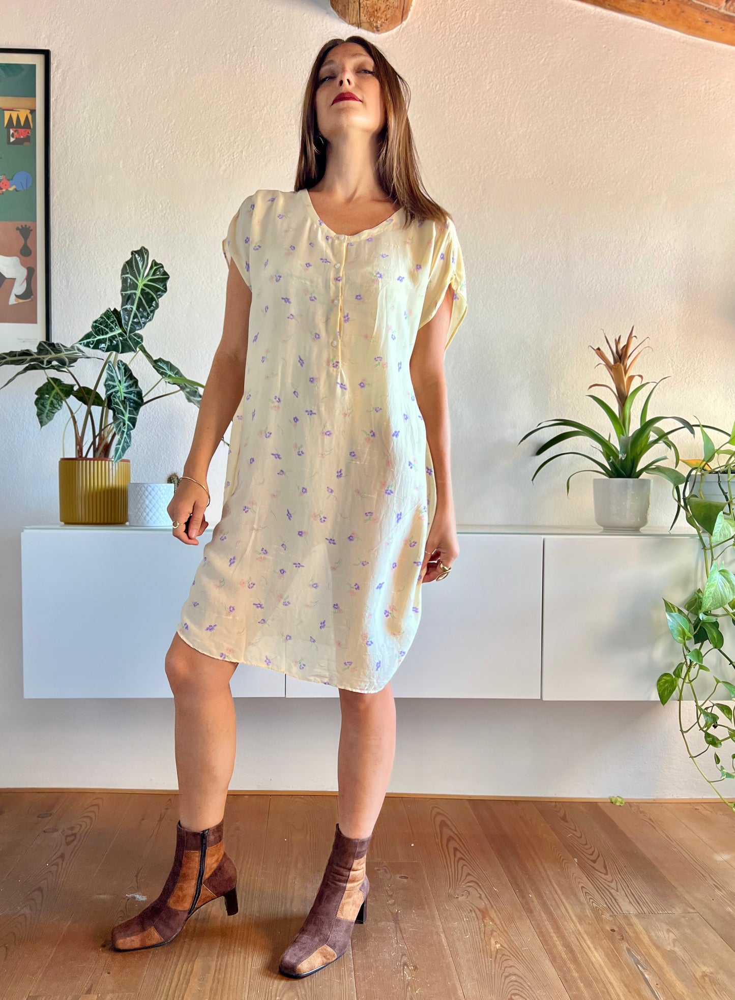 1970's vintage semi sheer silk yellow floral dress