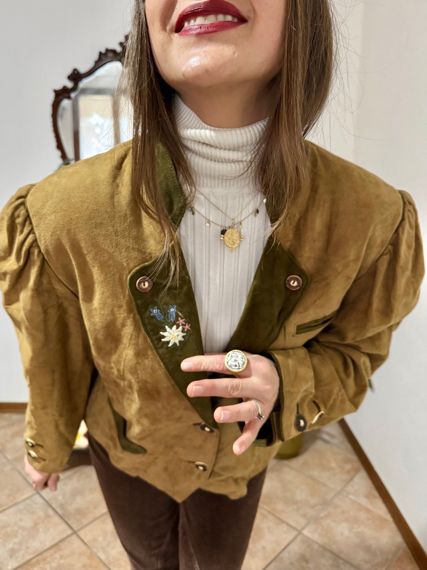 1970's vintage khaki and military green suede trachten jacket with floral embroidery