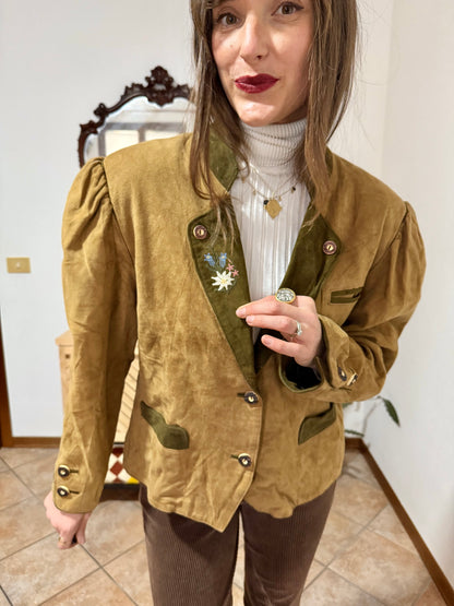 1970's vintage khaki and military green suede trachten jacket with floral embroidery