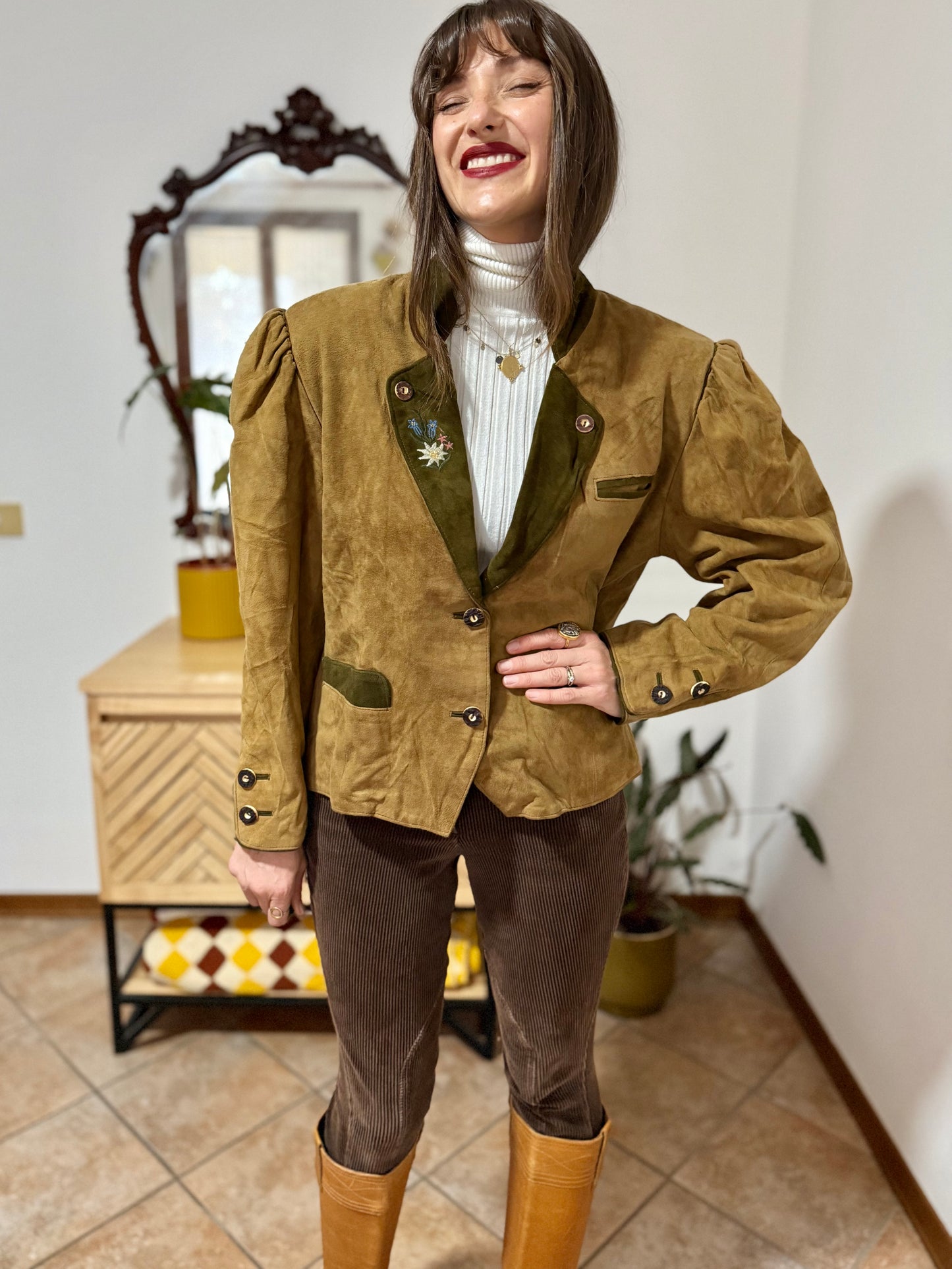 1970's vintage khaki and military green suede trachten jacket with floral embroidery