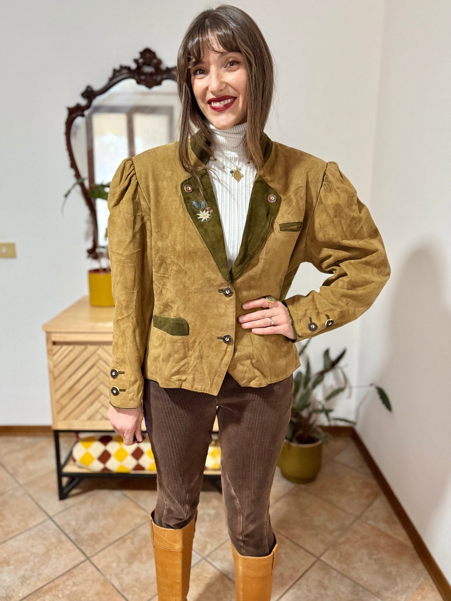 1970's vintage khaki and military green suede trachten jacket with floral embroidery
