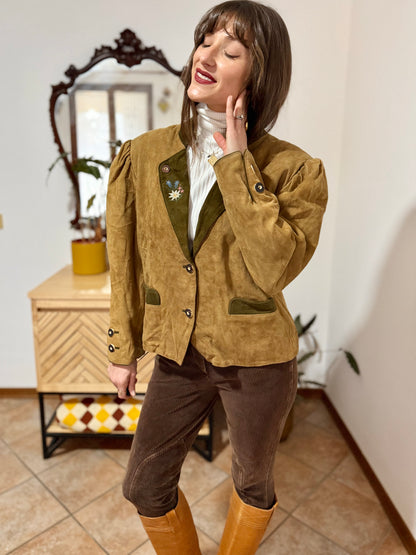 1970's vintage khaki and military green suede trachten jacket with floral embroidery