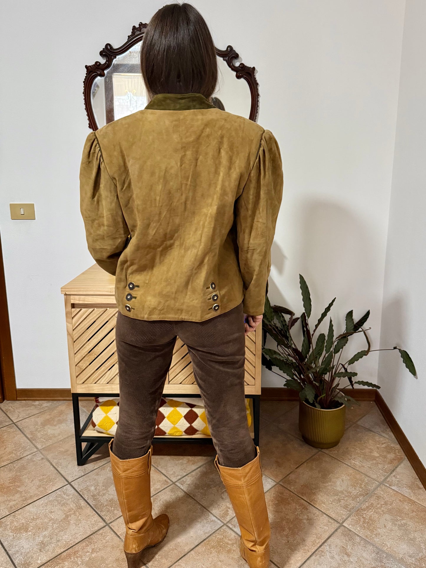 1970's vintage khaki and military green suede trachten jacket with floral embroidery