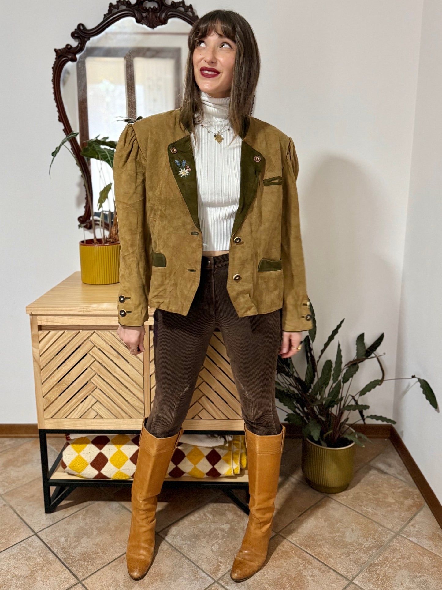 1970's vintage khaki and military green suede trachten jacket with floral embroidery