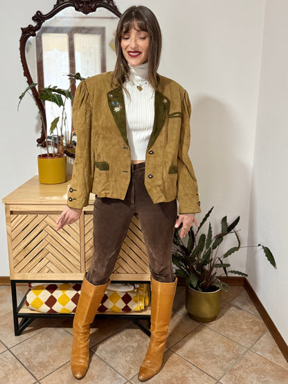 1970's vintage khaki and military green suede trachten jacket with floral embroidery