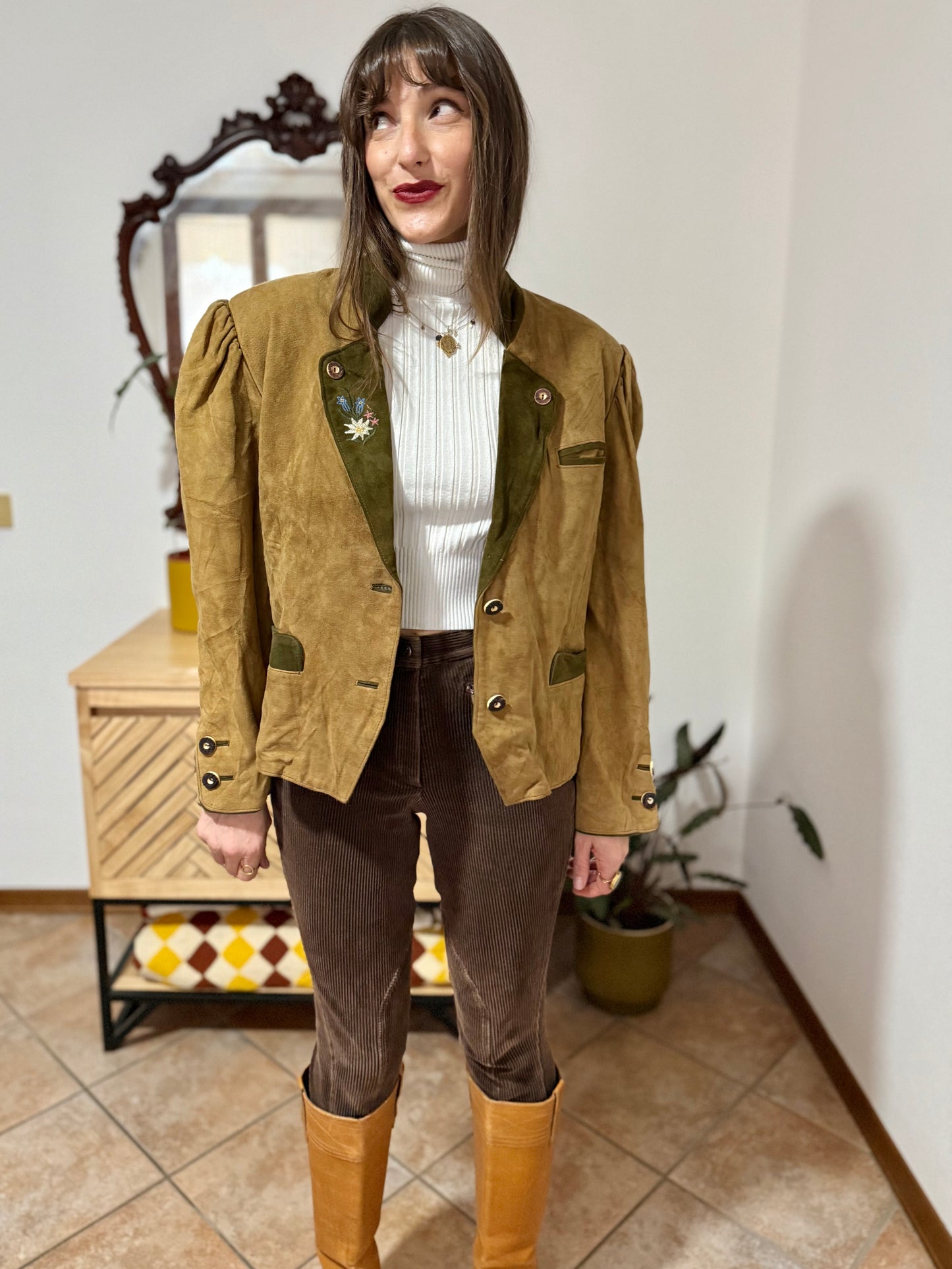 1970's vintage khaki and military green suede trachten jacket with floral embroidery