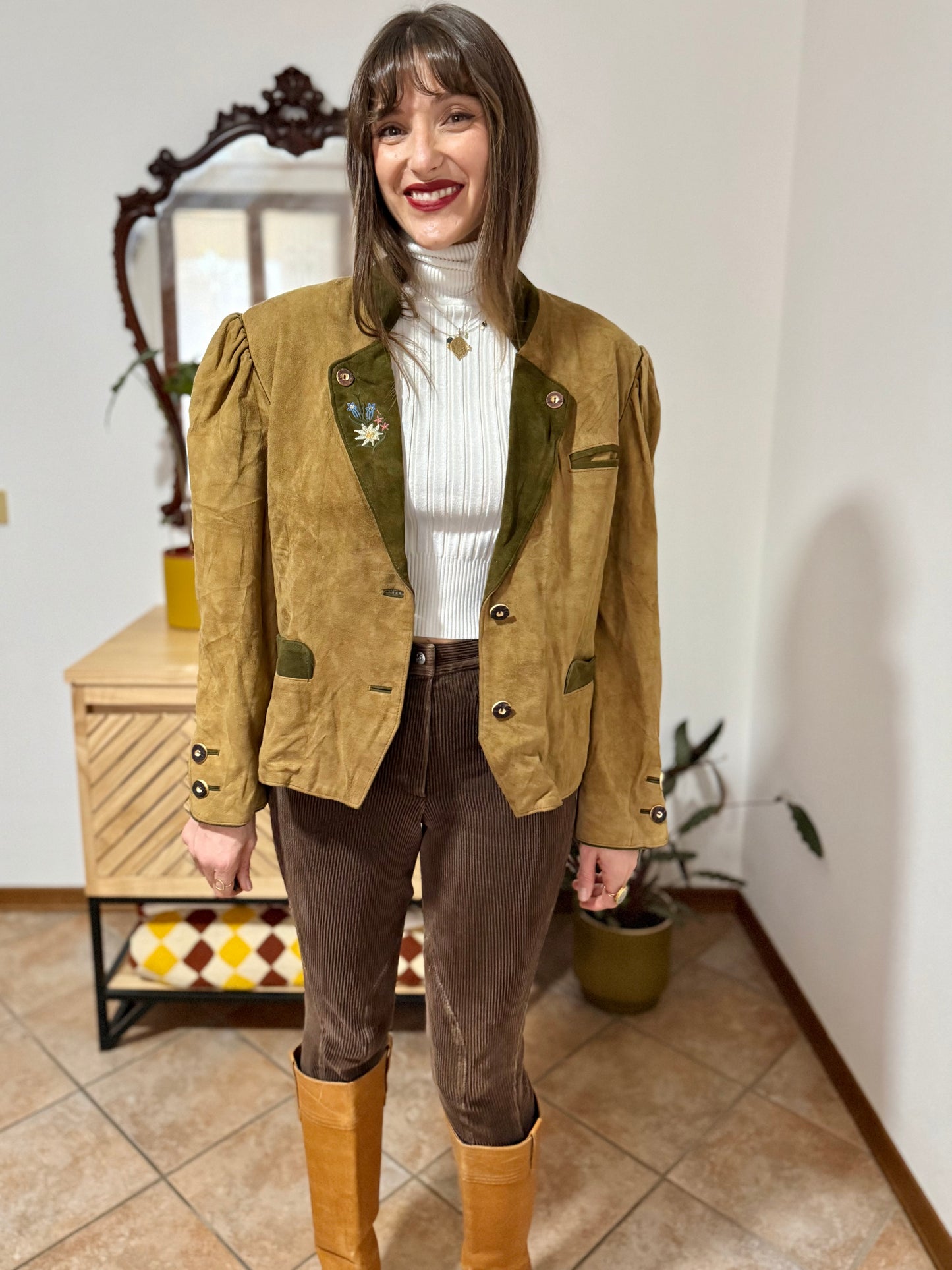 1970's vintage khaki and military green suede trachten jacket with floral embroidery