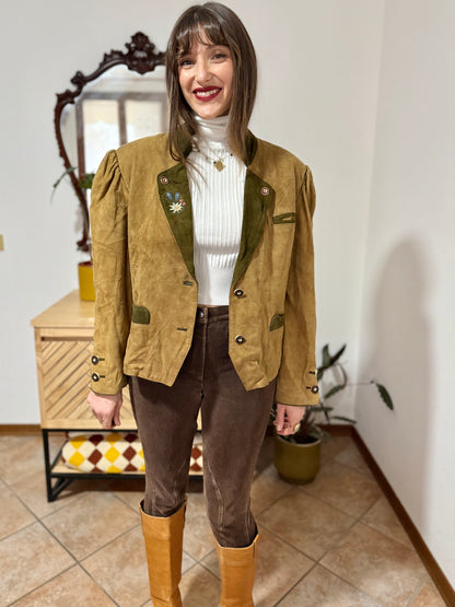 1970's vintage khaki and military green suede trachten jacket with floral embroidery