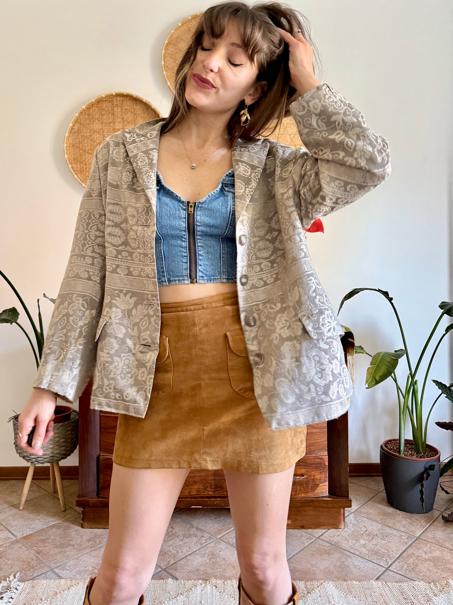 1970's vintage two tone beige floral brocade jacket