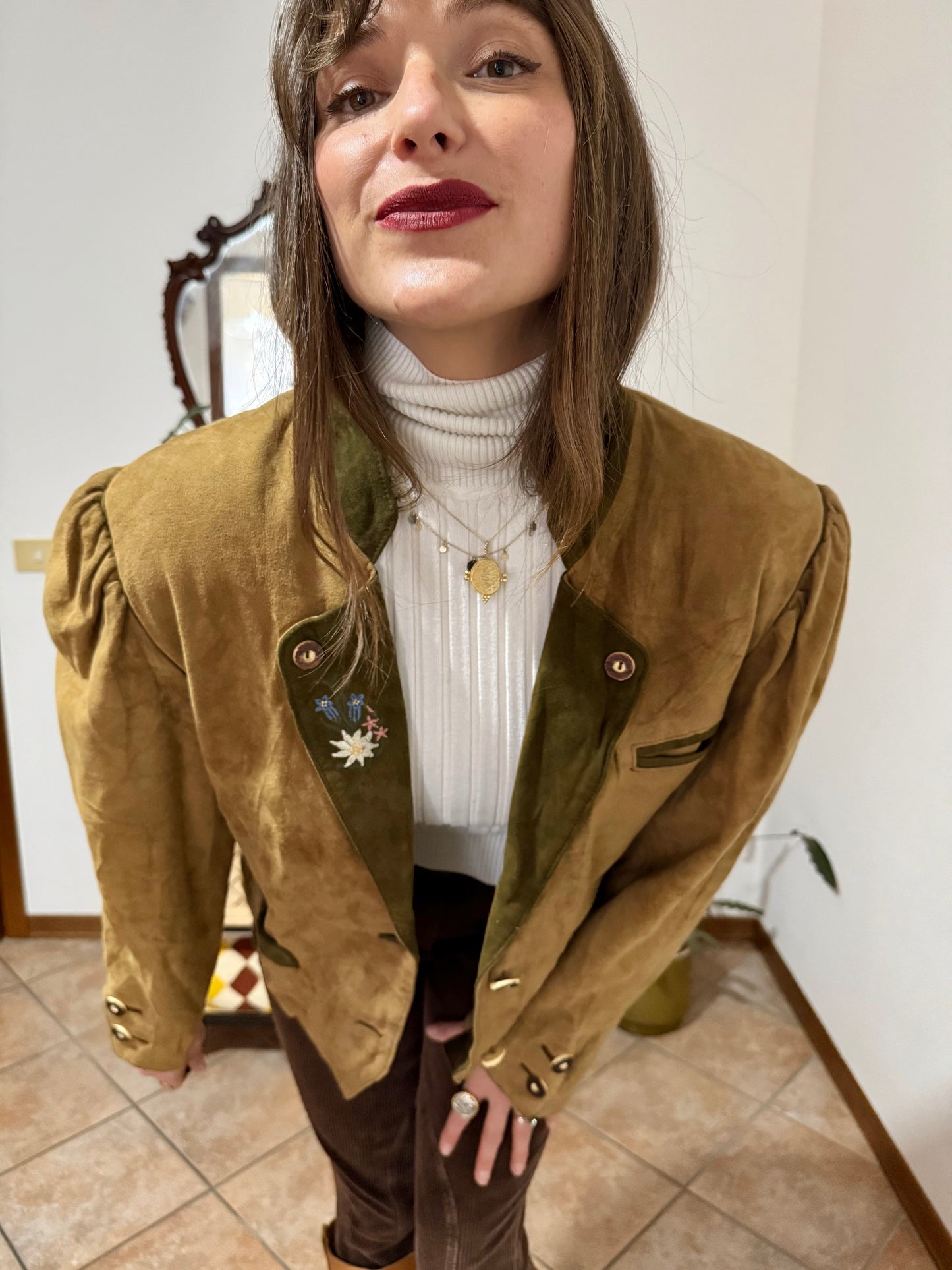 1970's vintage khaki and military green suede trachten jacket with floral embroidery
