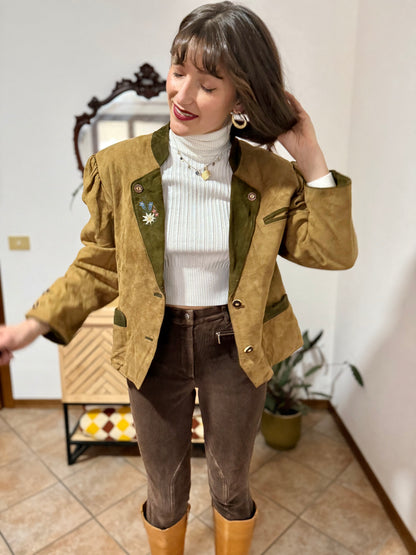 1970's vintage khaki and military green suede trachten jacket with floral embroidery