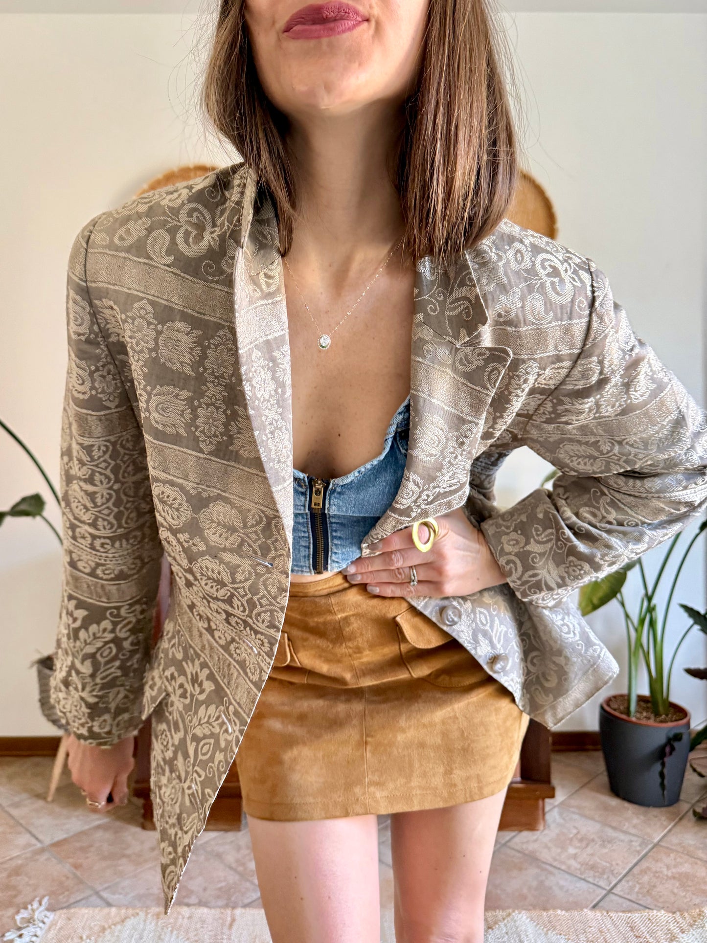 1970's vintage two tone beige floral brocade jacket