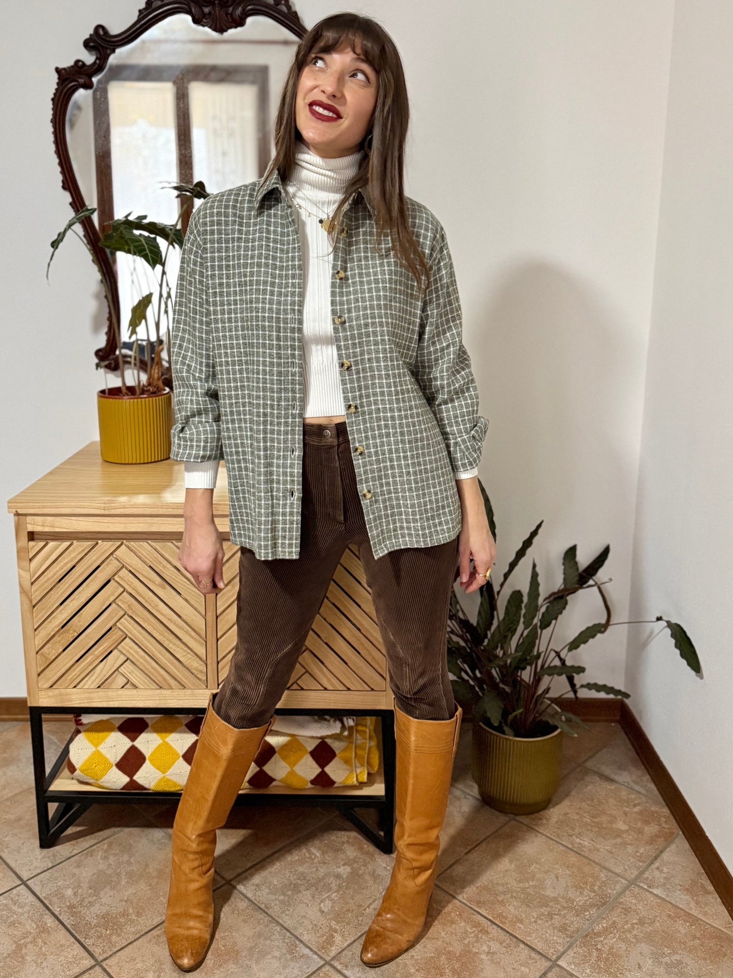 1990's vintage love green and cream plaid flannel shirt