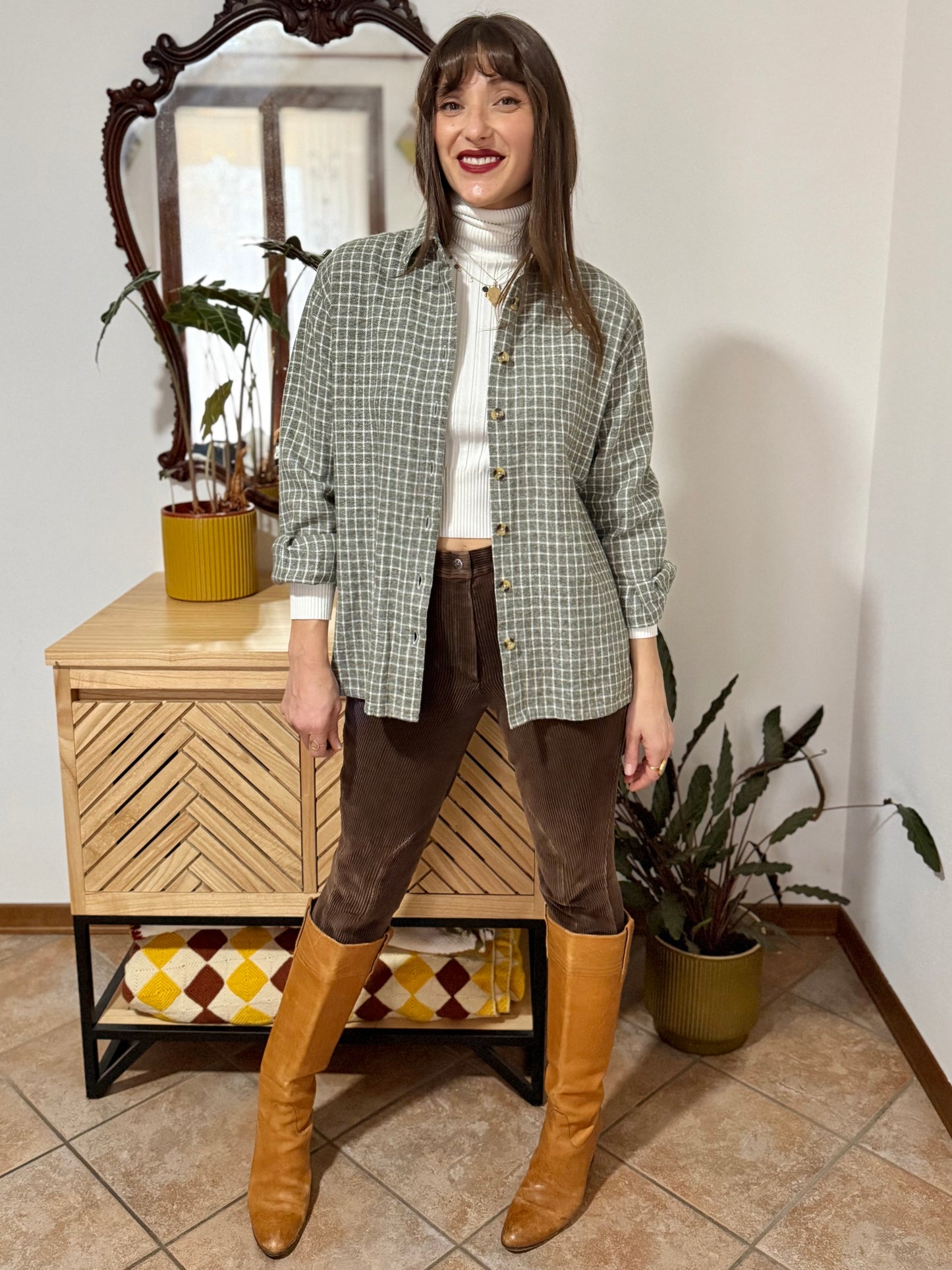 1990's vintage love green and cream plaid flannel shirt