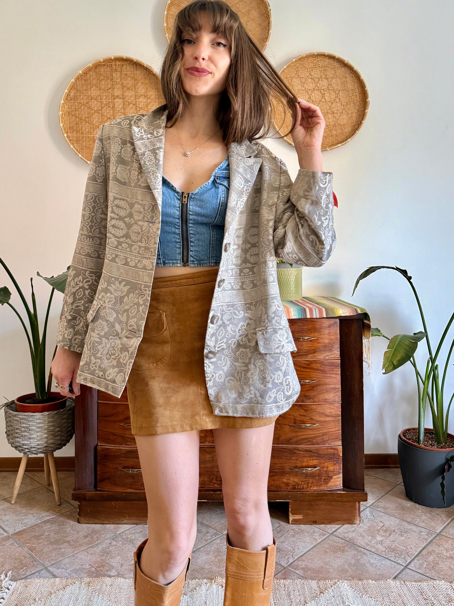 1970's vintage two tone beige floral brocade jacket