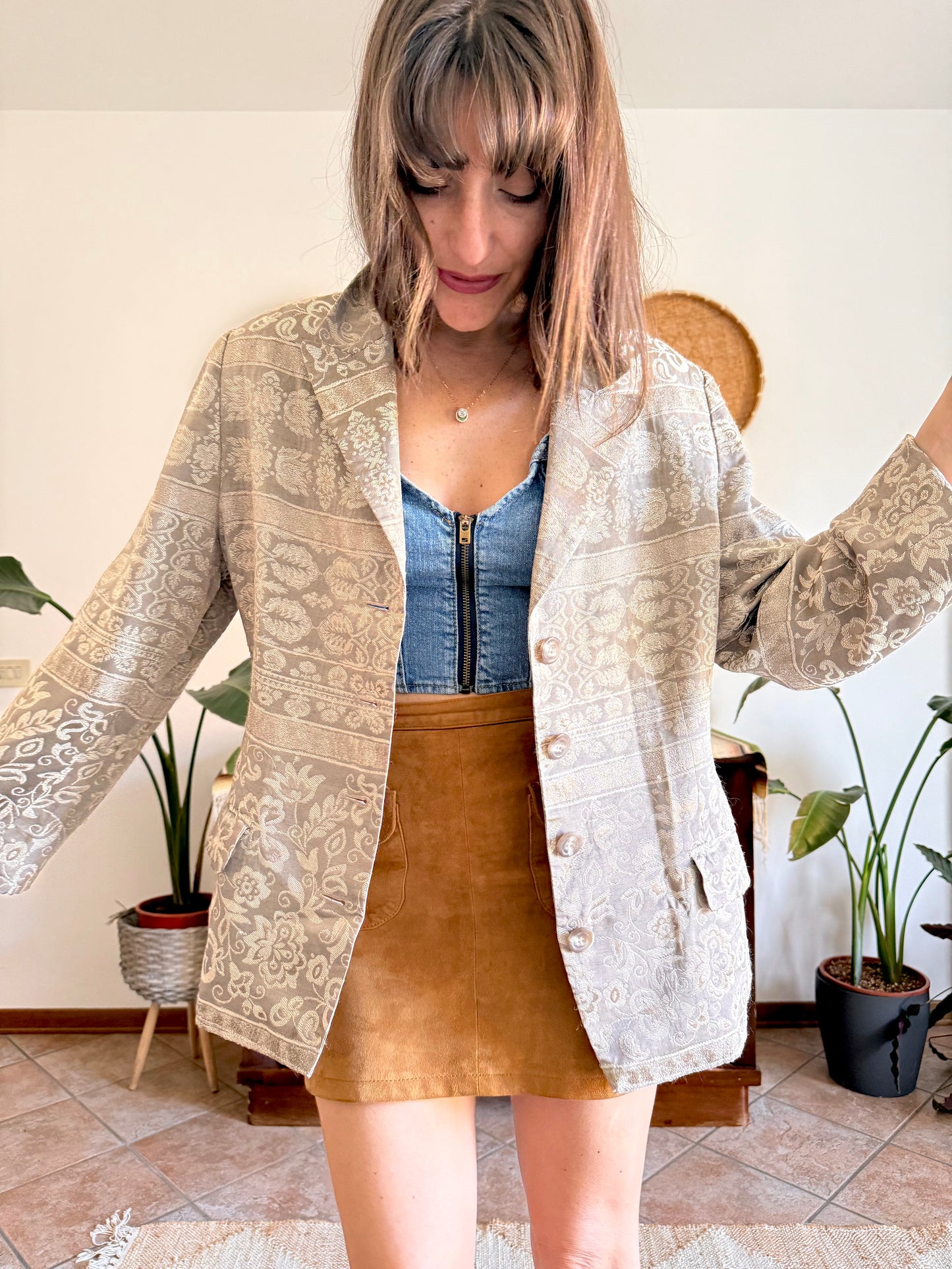 1970's vintage two tone beige floral brocade jacket