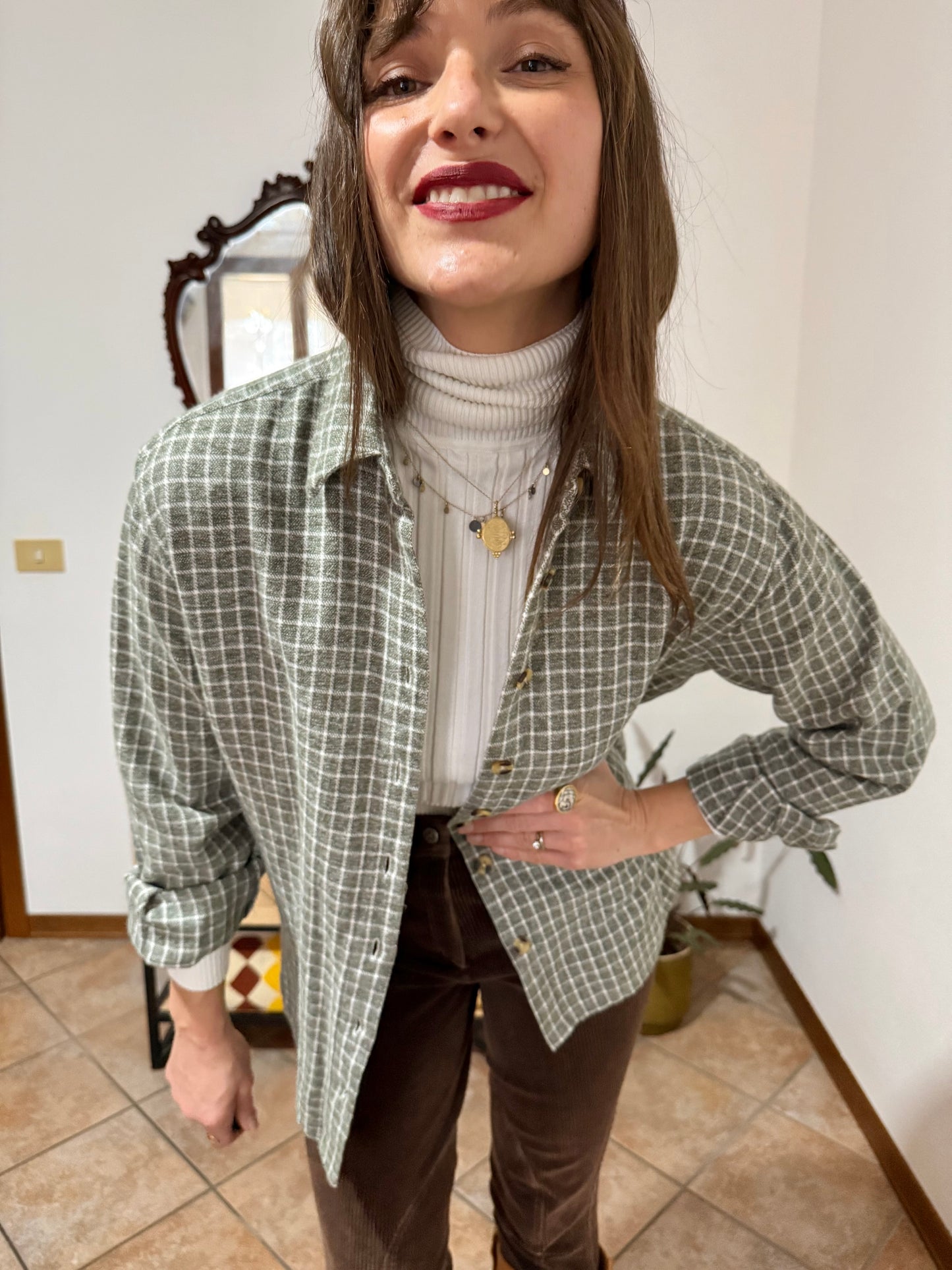 1990's vintage love green and cream plaid flannel shirt