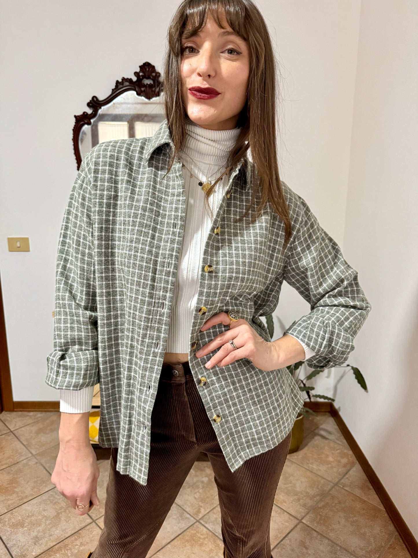 1990's vintage love green and cream plaid flannel shirt