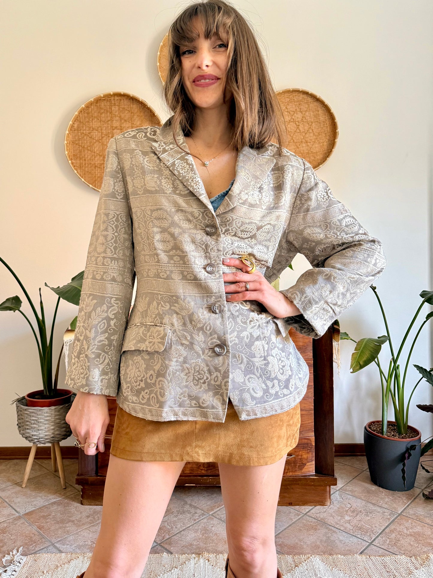 1970's vintage two tone beige floral brocade jacket