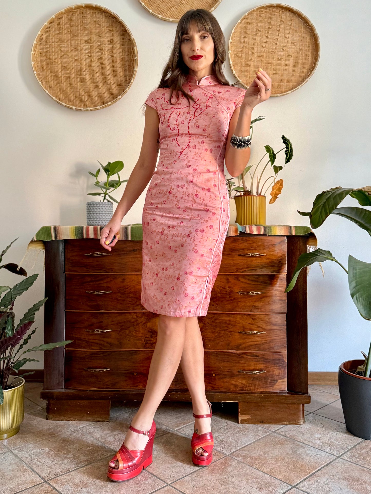 1990's vintage pink cheongsam midi dress with fuchsia floral and sequin detailing